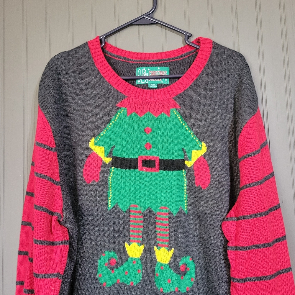 Ugle Christmas Sweater Knit Long Sleeve Elf Graphic Holiday Gray Men's 2XL - Picture 3 of 7